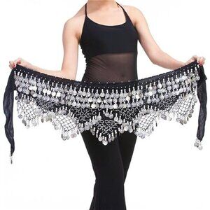 Black Belly Dance Hip Scarf with Silver Coins – Chiffon Wrap Skirt